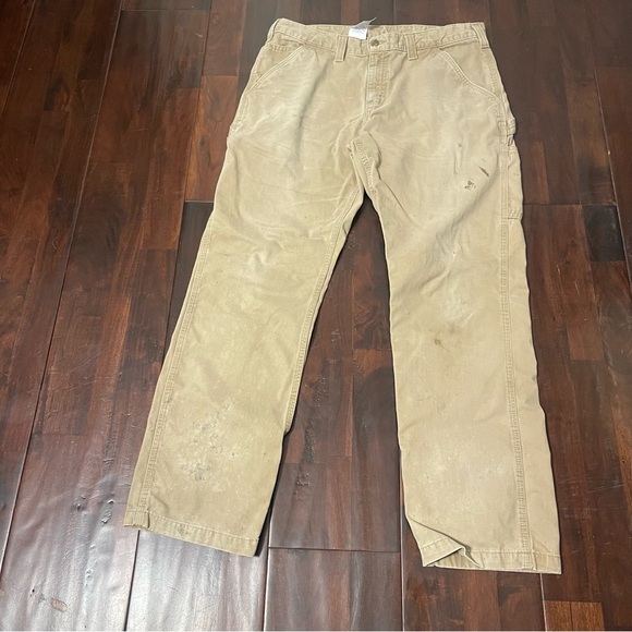 Carhartt Carpenter Tan Khaki Pants Distressed Painted Work Wear Men’s 36x32 - Picture 1 of 10